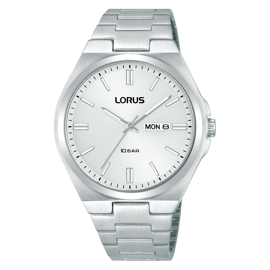 Herrenarmbanduhr Lorus mit silbernem Metallband, rundem hellem Zifferblatt und Datumsanzeige