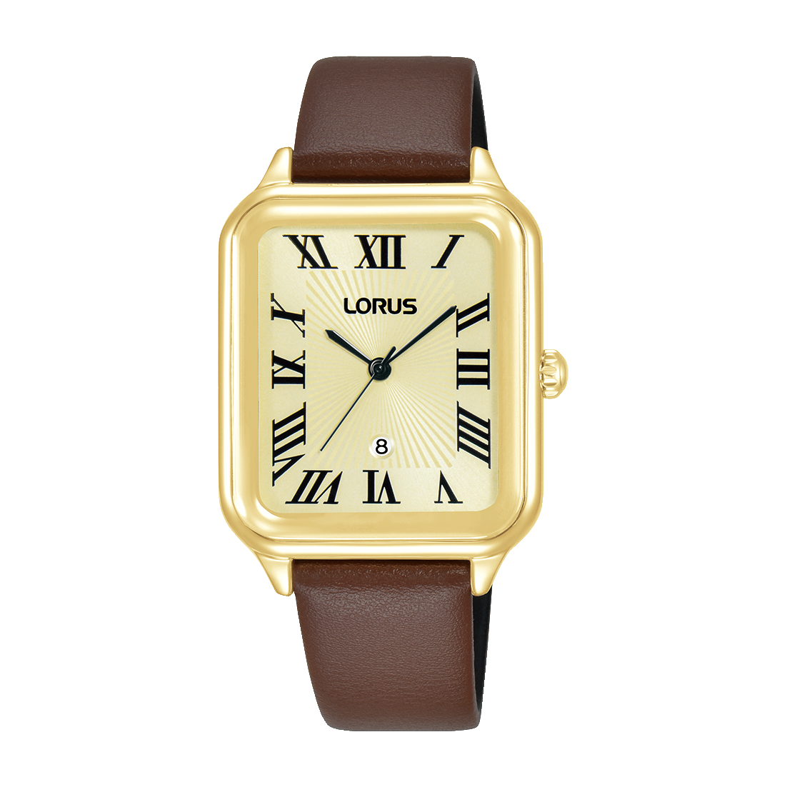 Damenarmbanduhr mit braunem Lederband, goldfarbenem eckigem Gehäuse und Ziffernblatt mit römischen Zahlen.