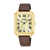 Damenarmbanduhr mit braunem Lederband, goldfarbenem eckigem Gehäuse und Ziffernblatt mit römischen Zahlen.