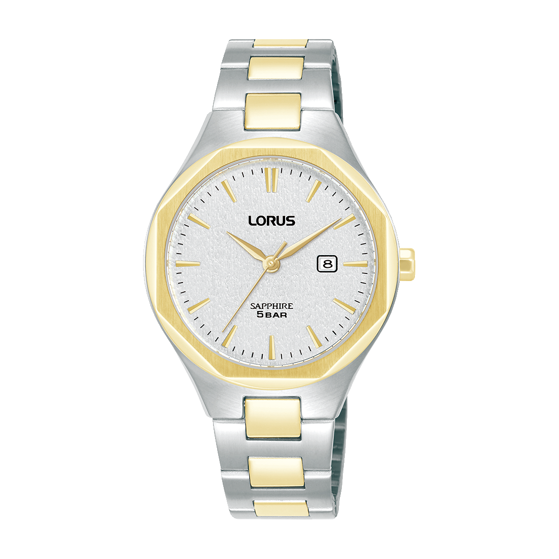 Lorus Damenarmbanduhr: weißes Zifferblatt, Saphirglas, Edelstahl silbern mit goldenen Akzenten