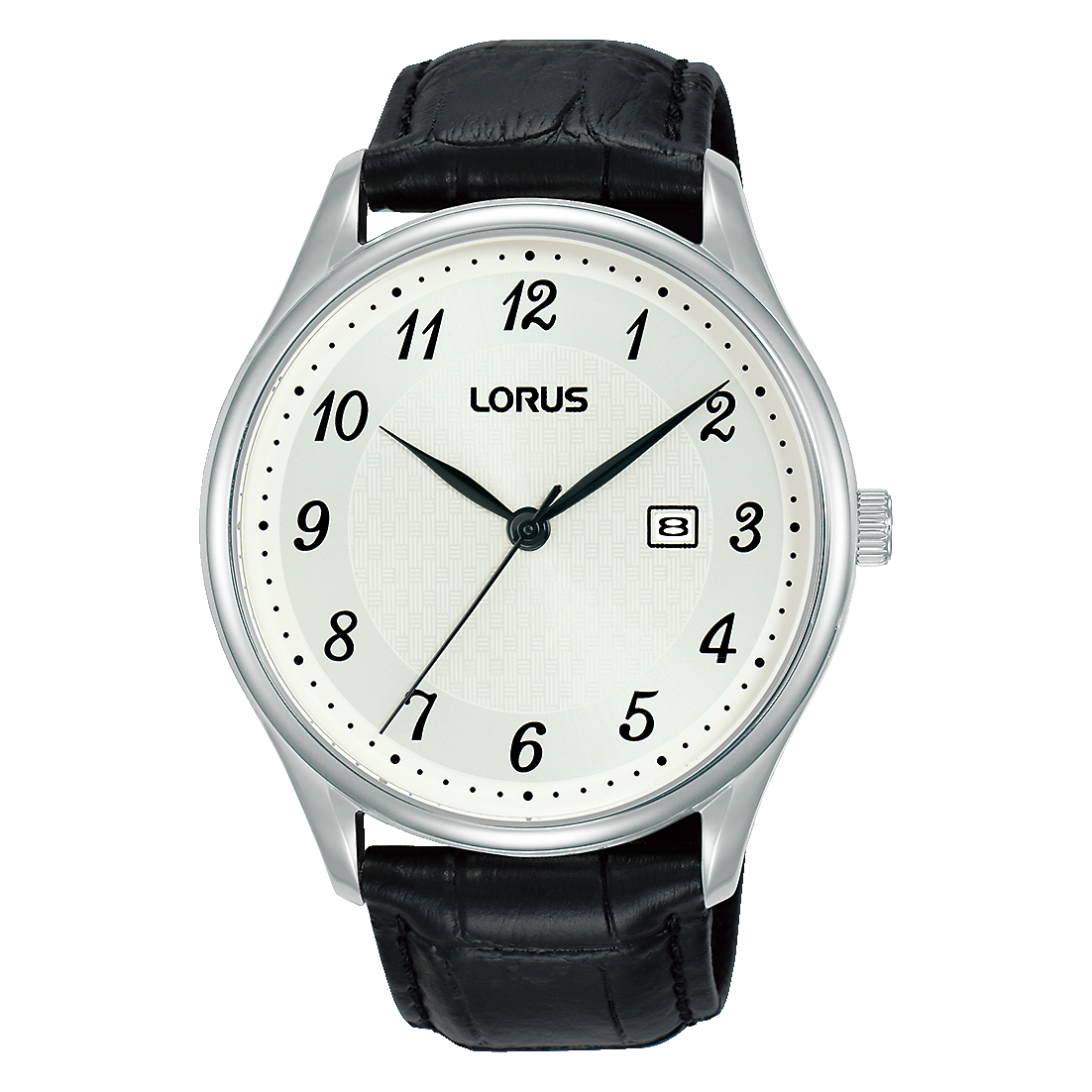 Lorus Herrenuhr mit weißem Zifferblatt, schwarzem Lederarmband und silbernem Gehäuse