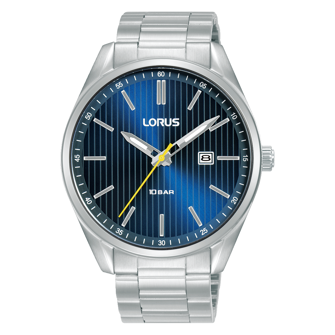 Herrenarmbanduhr mit Edelstahlarmband und blauem Zifferblatt, Datumsanzeige bei 8