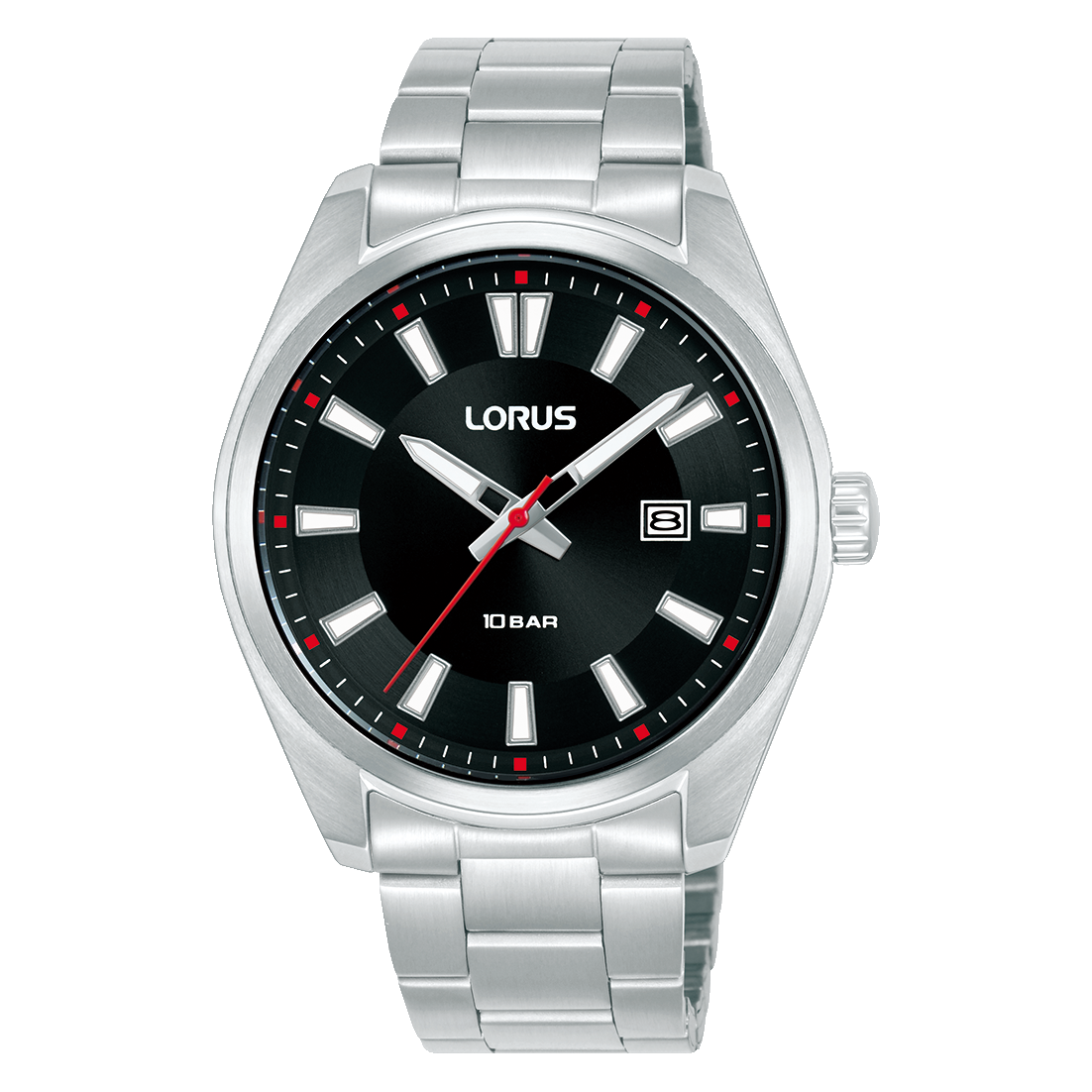 Herren-Armbanduhr Lorus mit Metallarmband, schwarzem Zifferblatt und Mineralglas