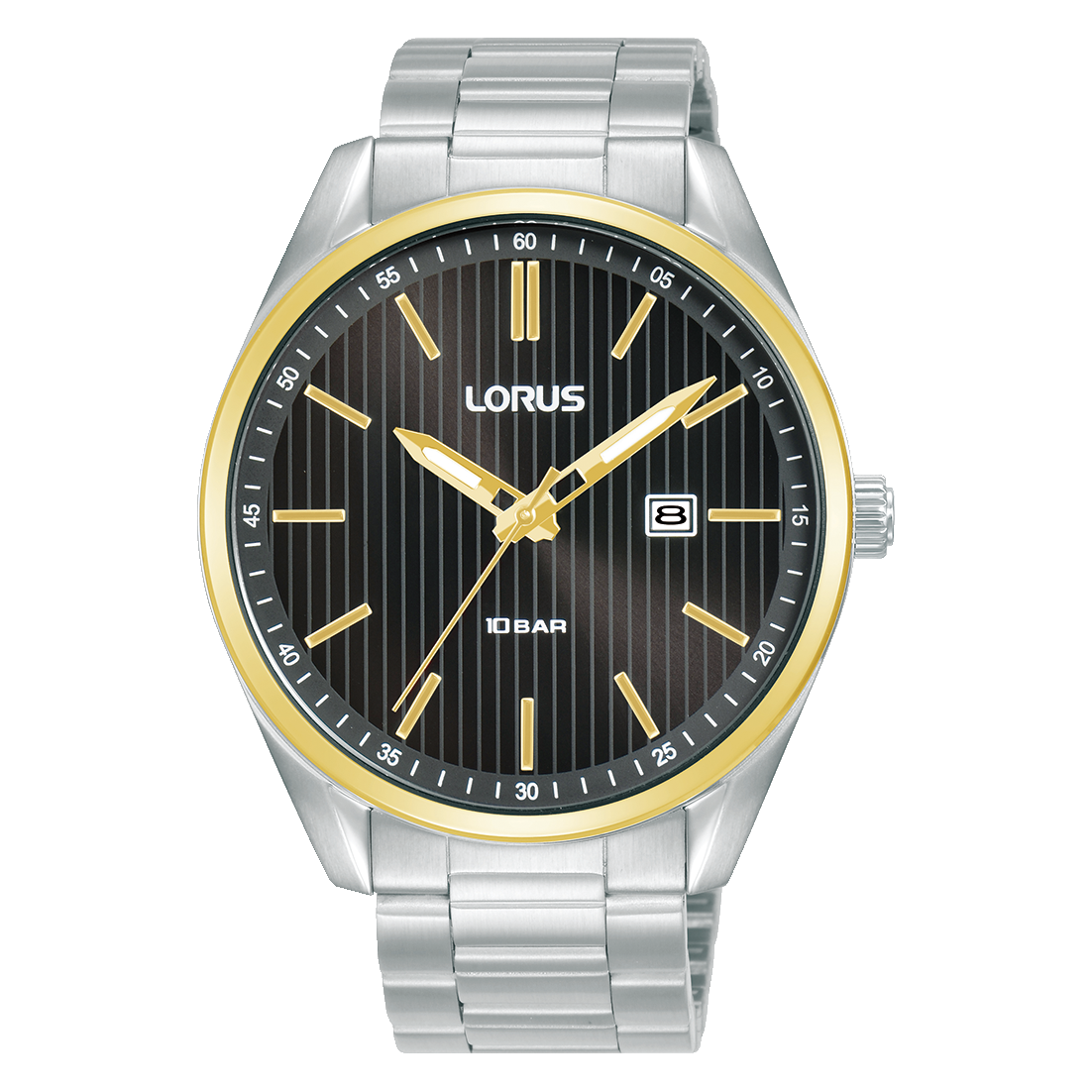 Lorus Herrenarmbanduhr mit schwarzem Zifferblatt, goldenen Markierungen und Stahlband