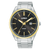 Lorus Herrenarmbanduhr mit schwarzem Zifferblatt, goldenen Markierungen und Stahlband
