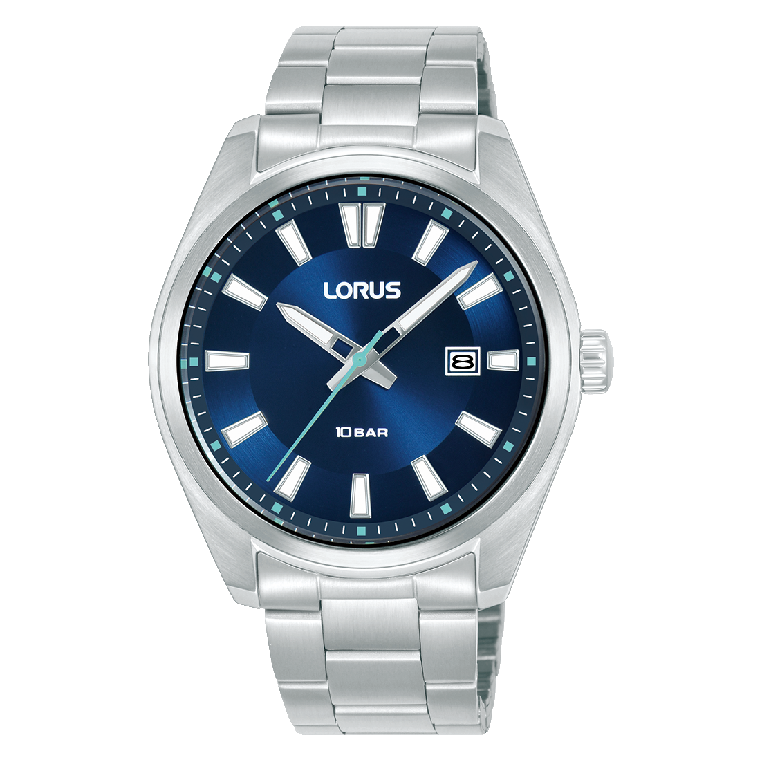 Herren-Armbanduhr mit Edelstahlband, blauem Zifferblatt, Mineralglas und Datum bei 3