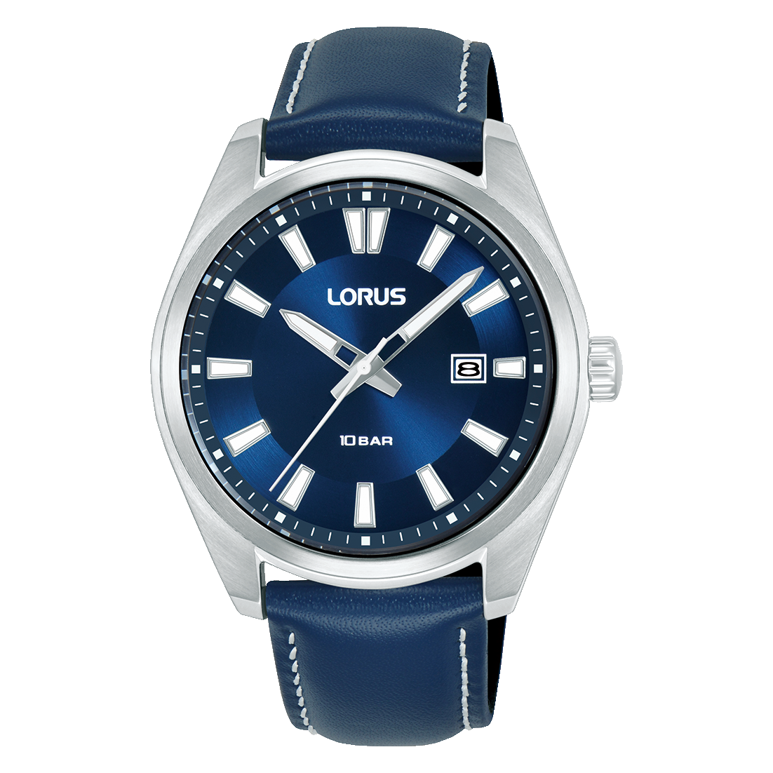 Herren-Armbanduhr LORUS mit blauem Lederband, rundem Zifferblatt und Mineralglas