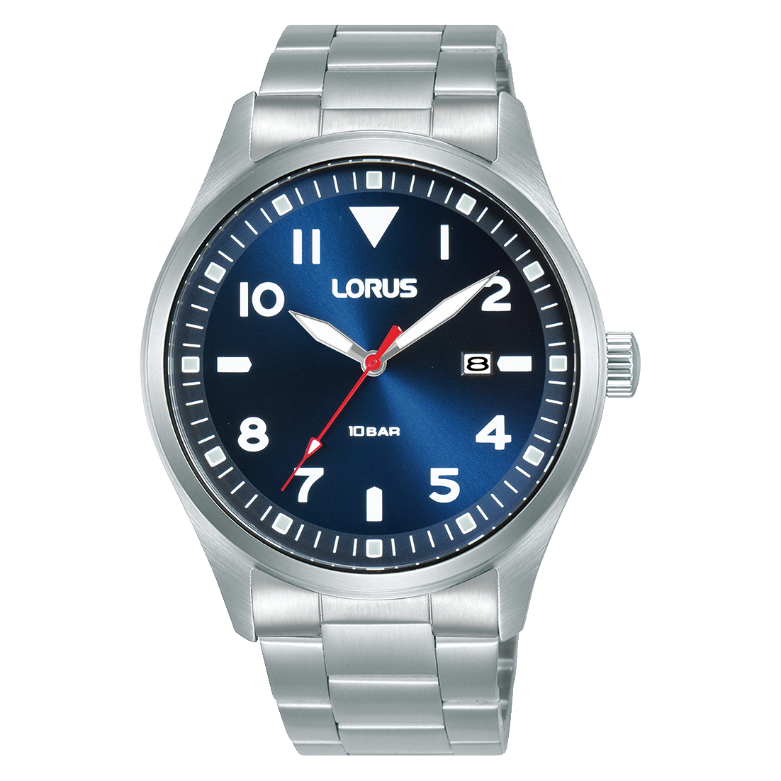 Lorus Sport Herrenuhr mit dunkelblauem Zifferblatt, silbernem Metallband, analoger Anzeige