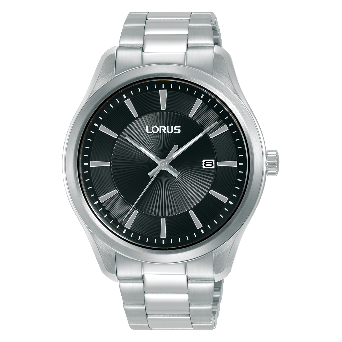 Lorus Herrenuhr mit schwarzem Zifferblatt und Edelstahlarmband, Mineralglas.