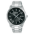 Lorus Herrenuhr mit schwarzem Zifferblatt und Edelstahlarmband, Mineralglas.