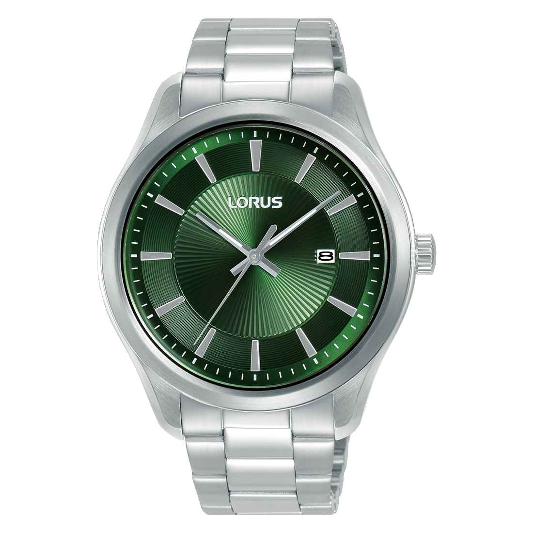 Lorus Herrenuhr mit dunkelgrünem Zifferblatt und silbernem Edelstahlarmband, Mineralglas