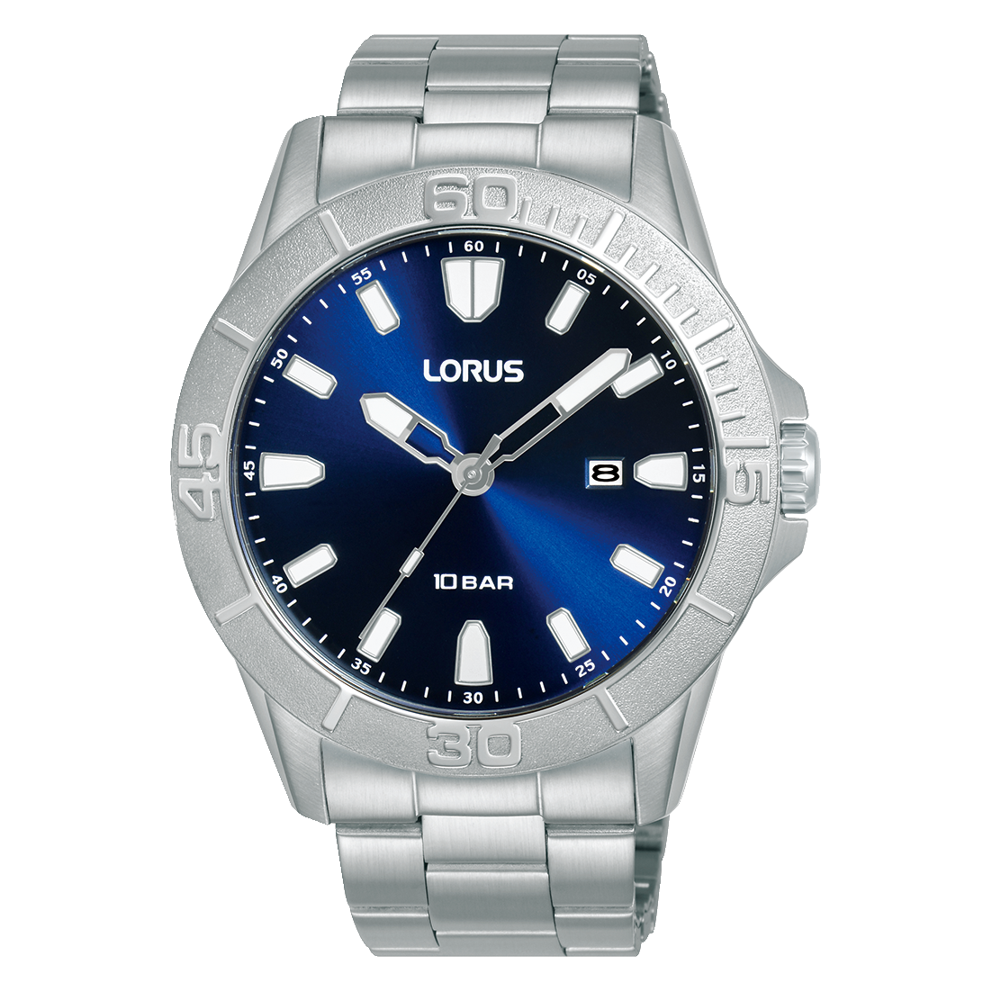 Lorus Sport-Herrenuhr mit blauem Zifferblatt und Edelstahlarmband, analog, Mineralglas