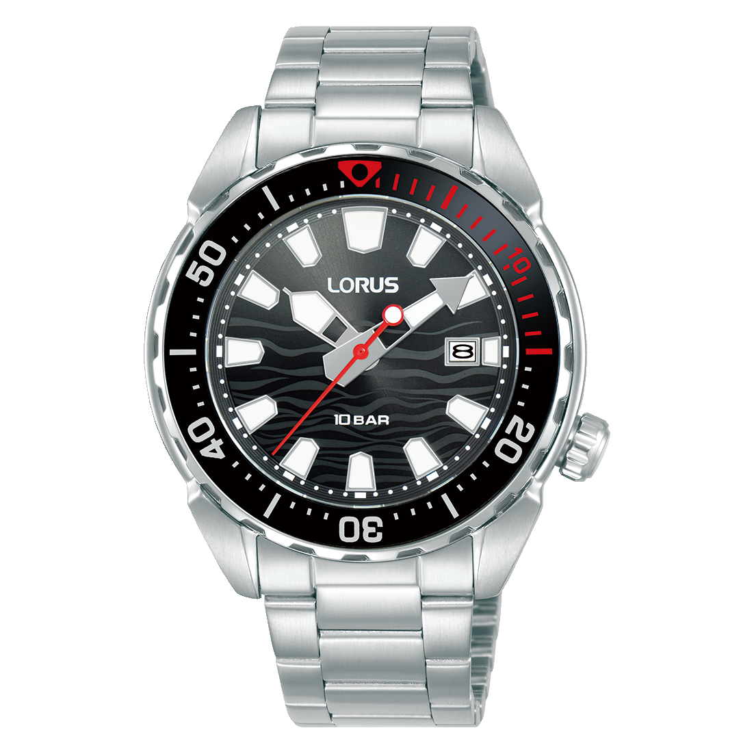 Herrenuhr mit schwarzem Zifferblatt, silbernem Metallband und drehbarer Lünette