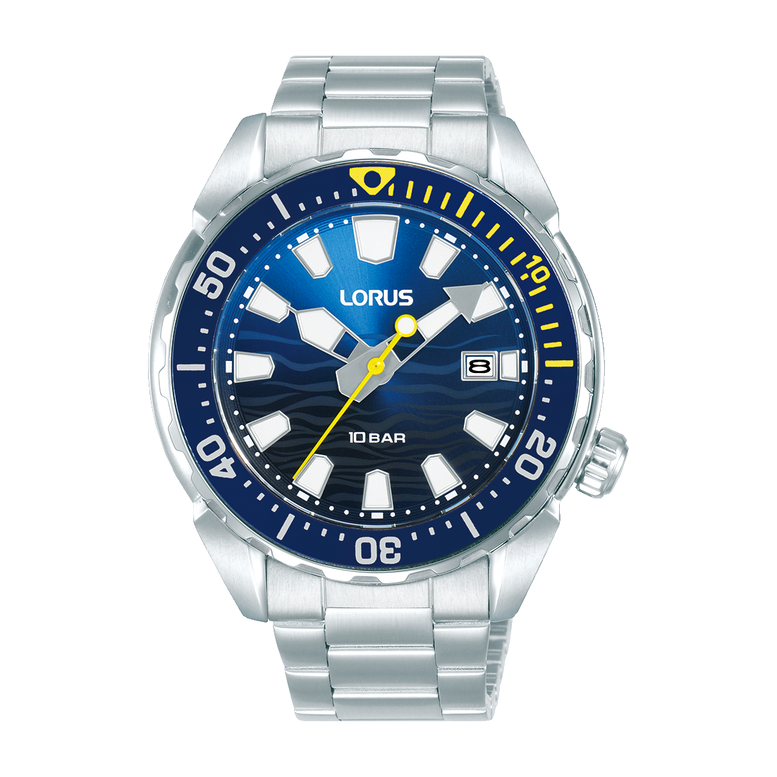 Lorus Sport Herrenuhr mit blauem Zifferblatt, drehbarer Lünette und Edelstahlband