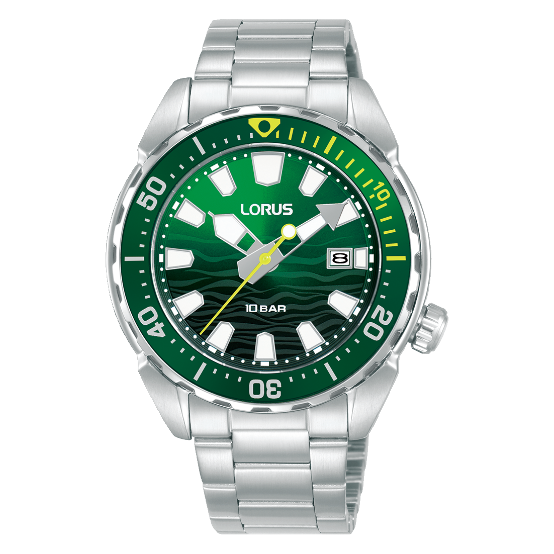 Lorus Herrenuhr mit Metallarmband, dunkelgrünem Zifferblatt und grüner Lünette