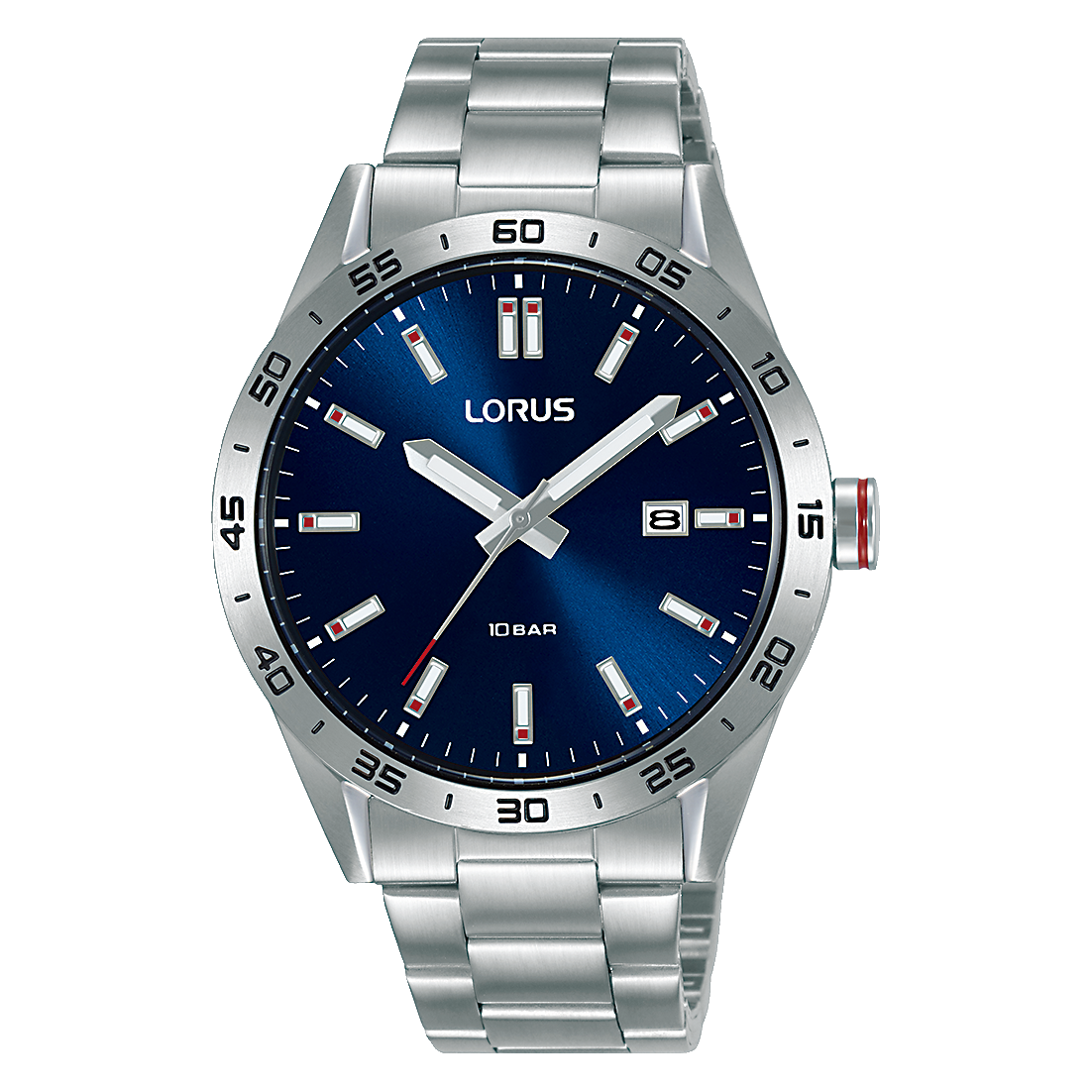 Lorus Sports-Herrenuhr mit dunkelblauem Zifferblatt, Edelstahlband und Datumsanzeige