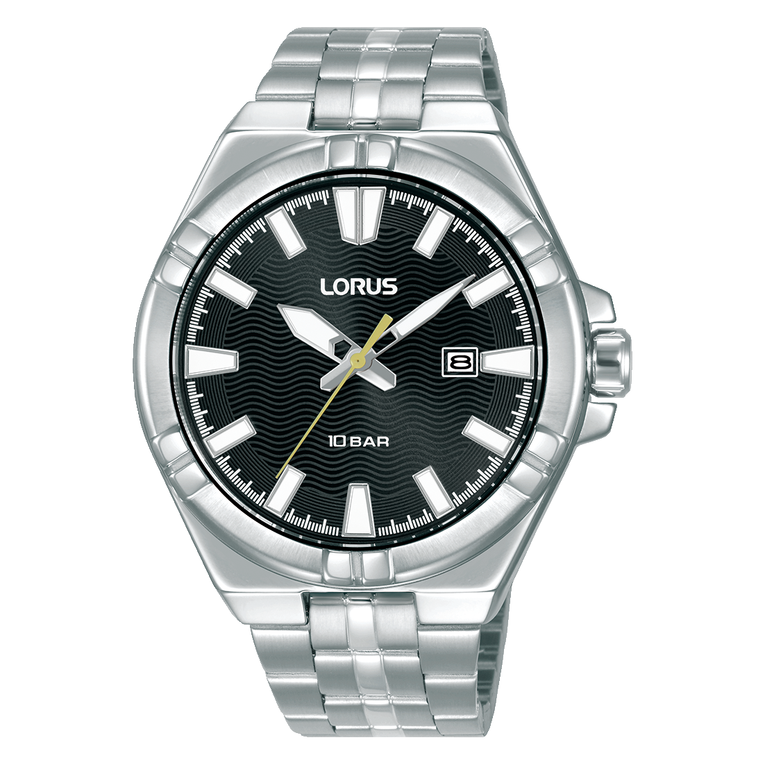 Armbanduhr für Herren von Lorus mit Edelstahlband, schwarzem Zifferblatt und Mineralglas