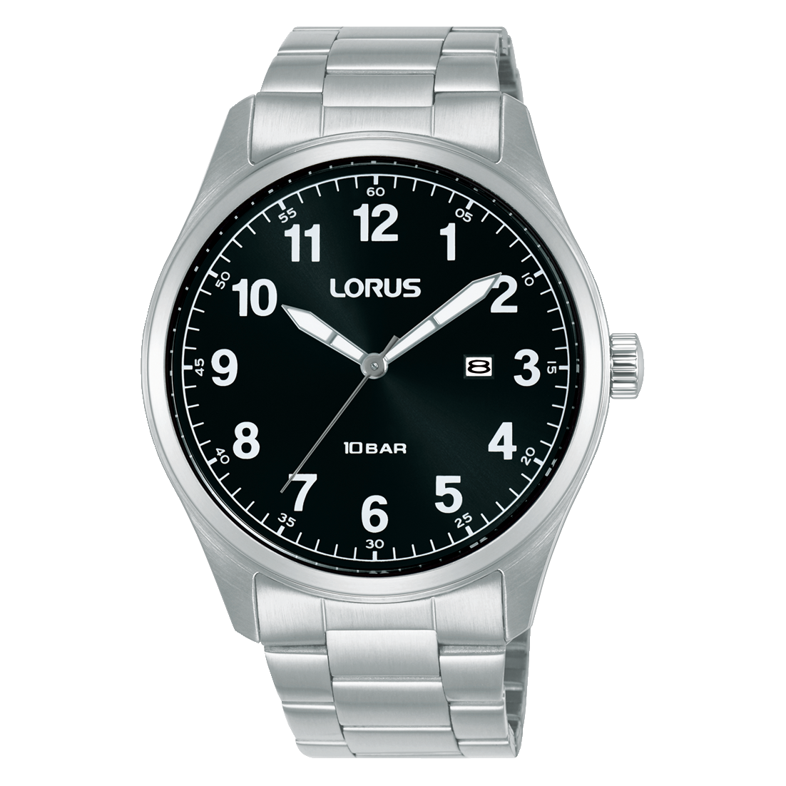 Herrenarmbanduhr Lorus Sport mit Edelstahlband, schwarzem Zifferblatt und Mineralglas