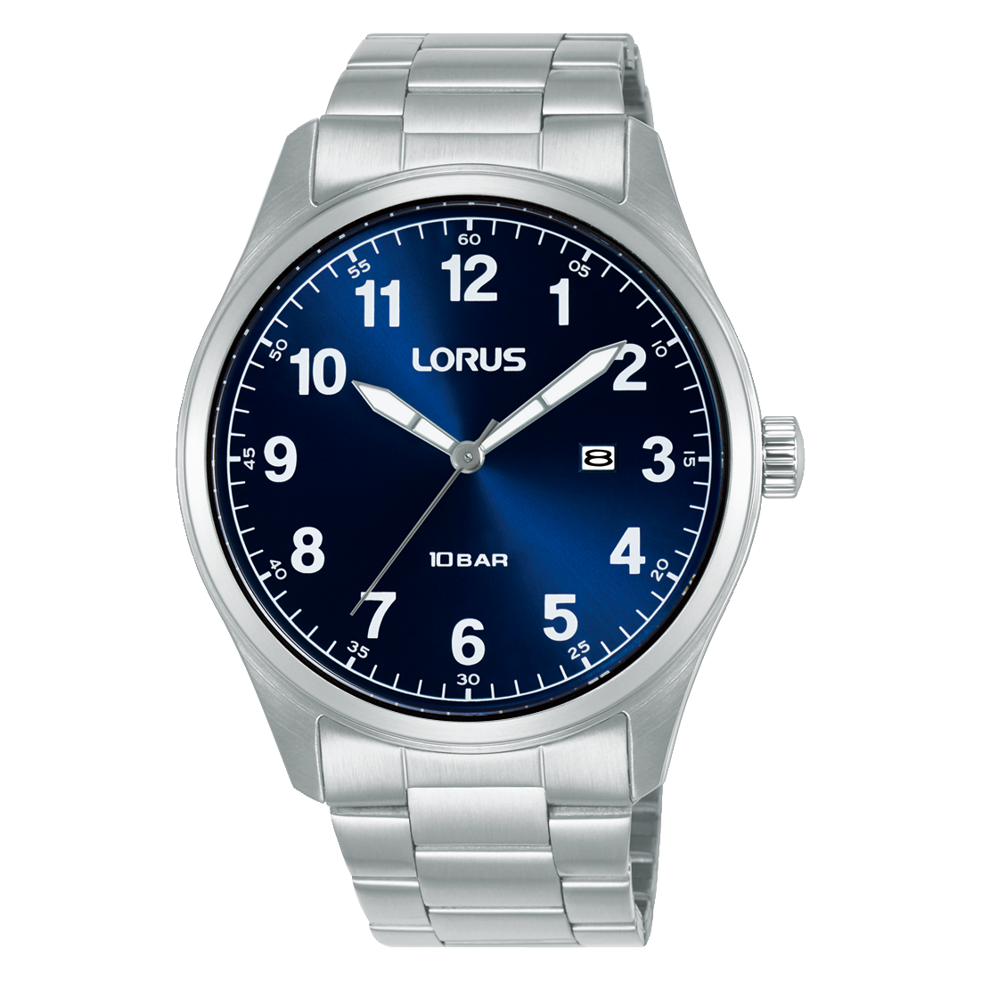 Herrenarmbanduhr mit Edelstahlband, blauem Zifferblatt und Mineralglas, rundem Gehäuse