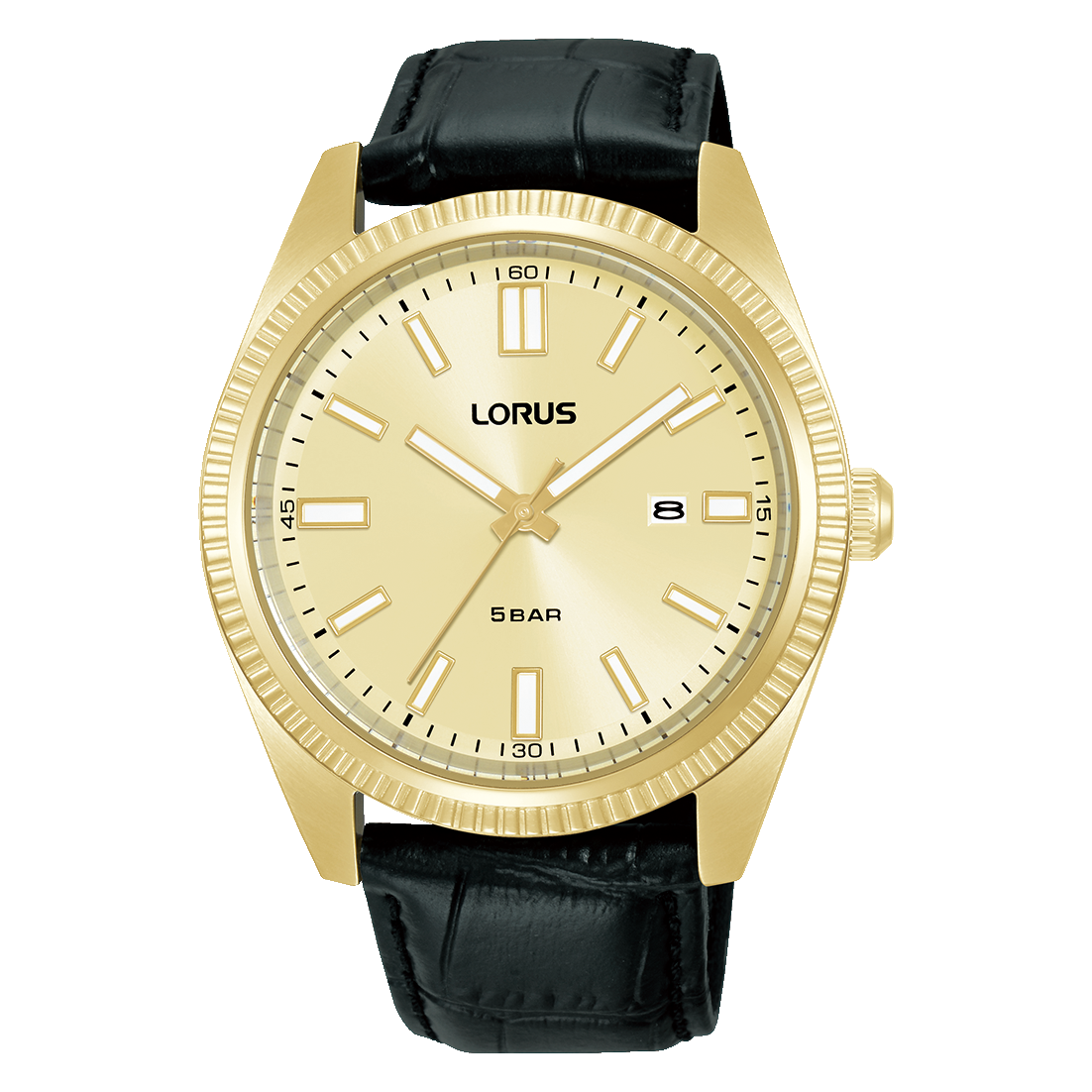 Lorus Herrenuhr mit goldfarbenem Gehäuse, beigem Zifferblatt und schwarzem Lederband