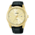 Lorus Herrenuhr mit goldfarbenem Gehäuse, beigem Zifferblatt und schwarzem Lederband