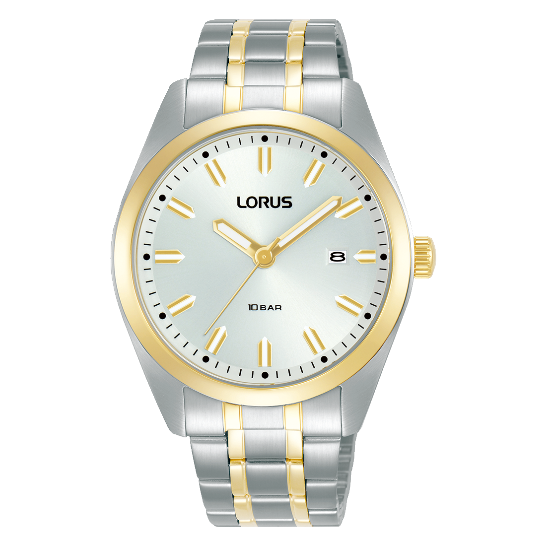 Lorus Herrenarmbanduhr mit silbernem Band und goldenen Akzenten, hellblauem Zifferblatt