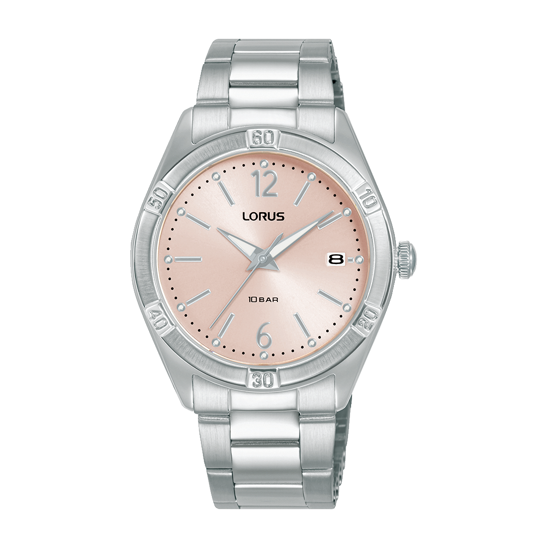 Lorus Damenuhr mit rosa Zifferblatt und Edelstahlarmband, runde Mineralglas-Lünette