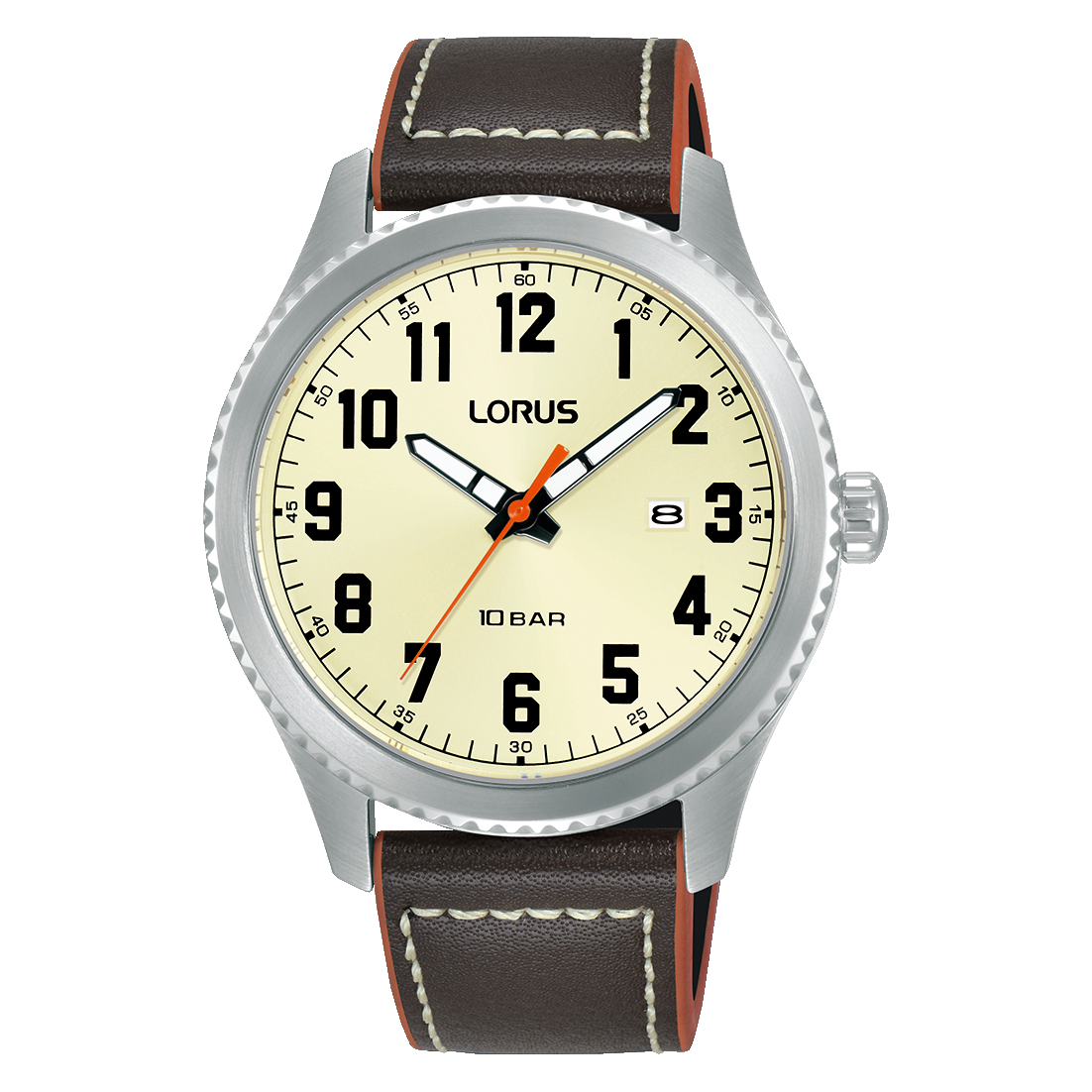 Lorus Herrenuhr mit dunklem Lederband, silbernem Gehäuse und hellem Zifferblatt.