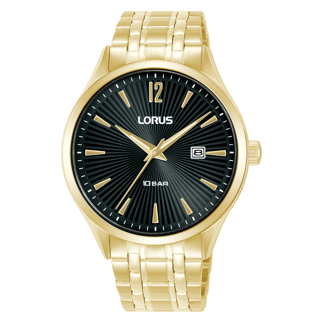 Lorus Herrenuhr mit schwarzem Zifferblatt und goldfarbenem Edelstahlarmband