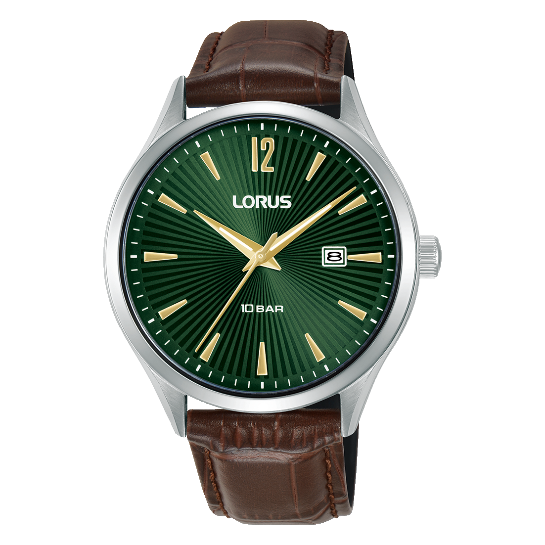 Runde Herrenuhr mit dunkelgrünem Zifferblatt, goldenen Zeigern und braunem Lederarmband