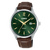Runde Herrenuhr mit dunkelgrünem Zifferblatt, goldenen Zeigern und braunem Lederarmband