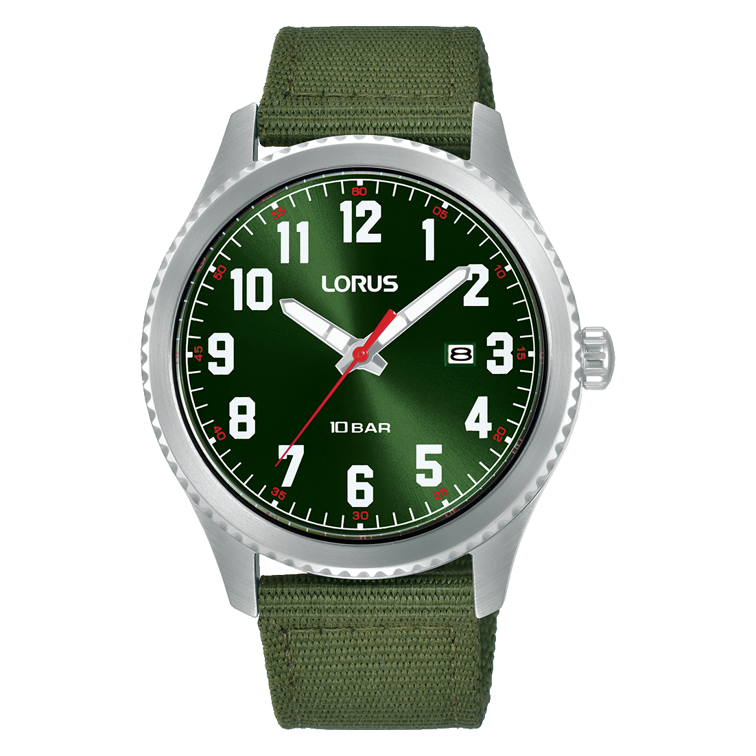 Lorus Herrenuhr mit grünem Zifferblatt, 10 BAR, Mineralglas und khakifarbenem Textilarmband