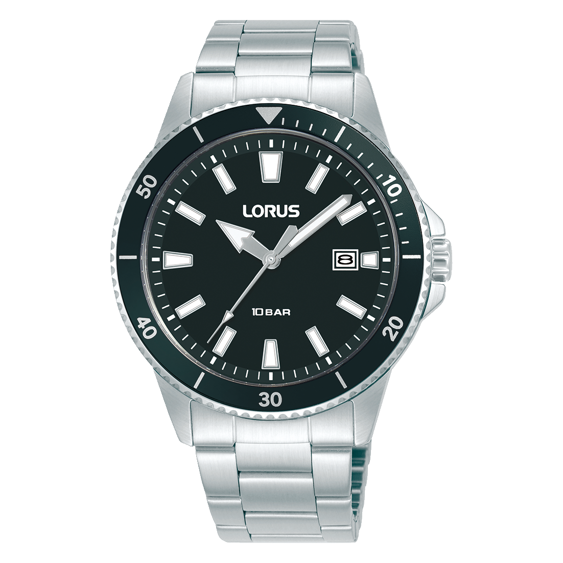Lorus Sport Armbanduhr mit schwarzem Zifferblatt und silbernem Metallarmband, 10bar