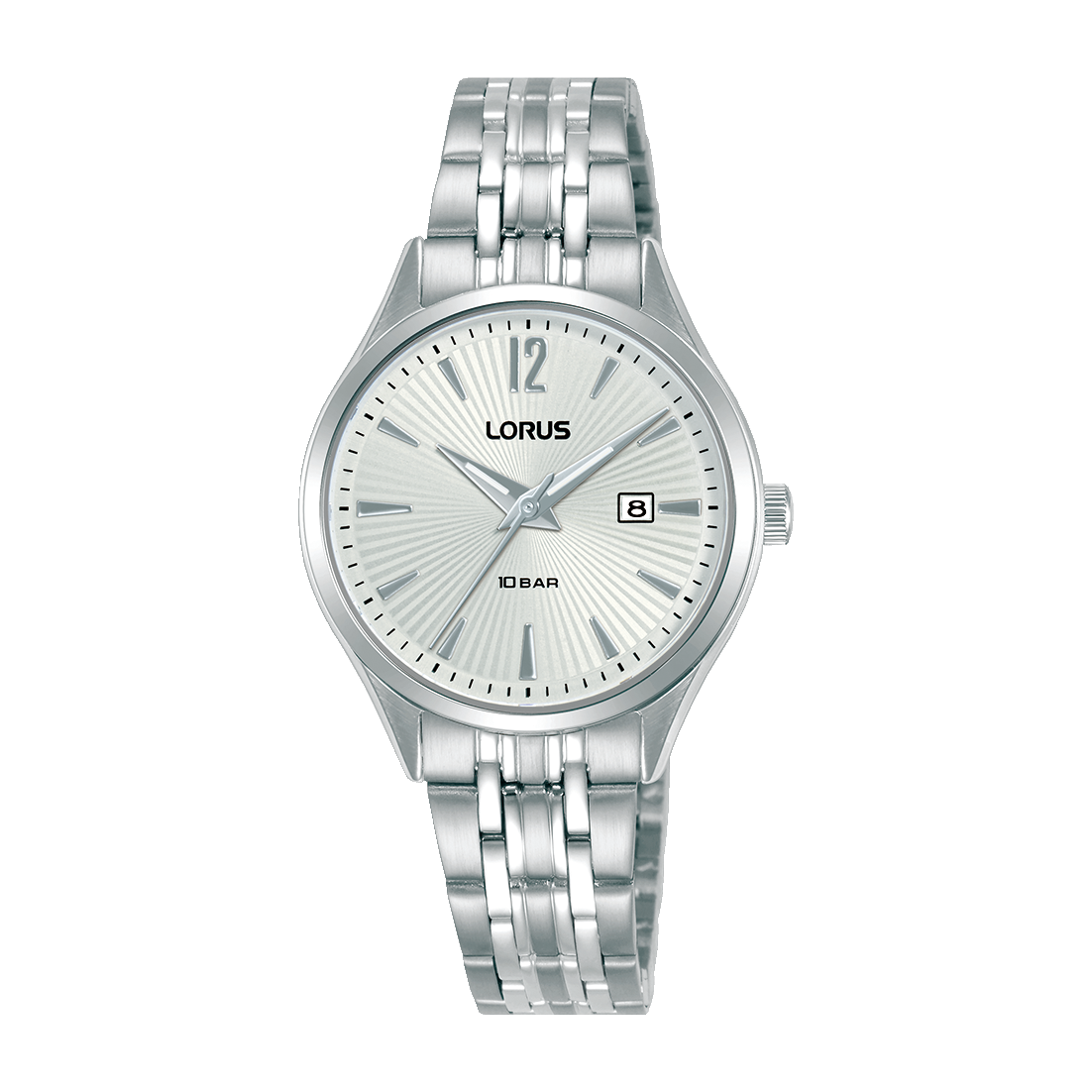 Lorus Damenarmbanduhr mit silbernem Edelstahlarmband, weißem Zifferblatt und Mineralglas
