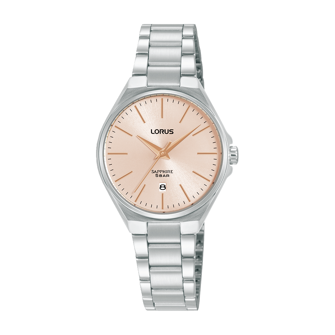 Lorus Damenuhr mit roséfarbenem Zifferblatt, Saphirglas und Edelstahlarmband