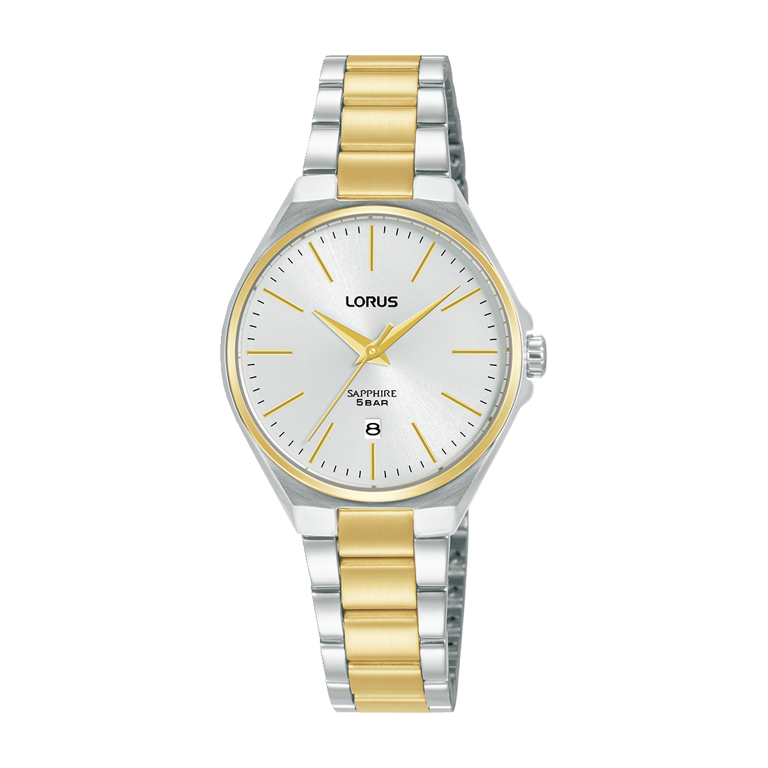 Lorus Damenarmbanduhr mit weißem Zifferblatt, Saphirglas und zweifarbigem Edelstahlband