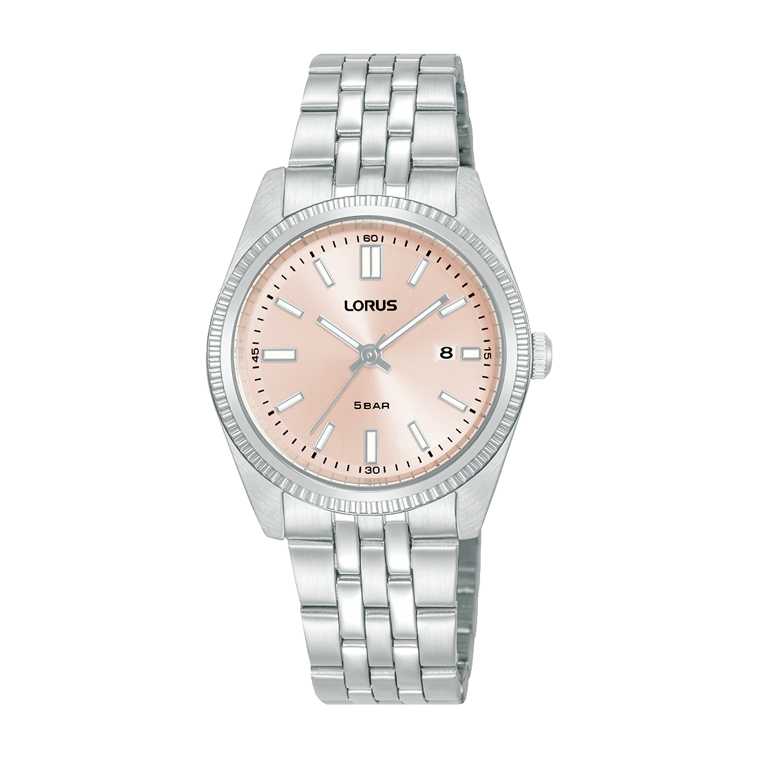 Lorus Damenuhr mit silbernem Edelstahlarmband und rosa Zifferblatt, Mineralglas
