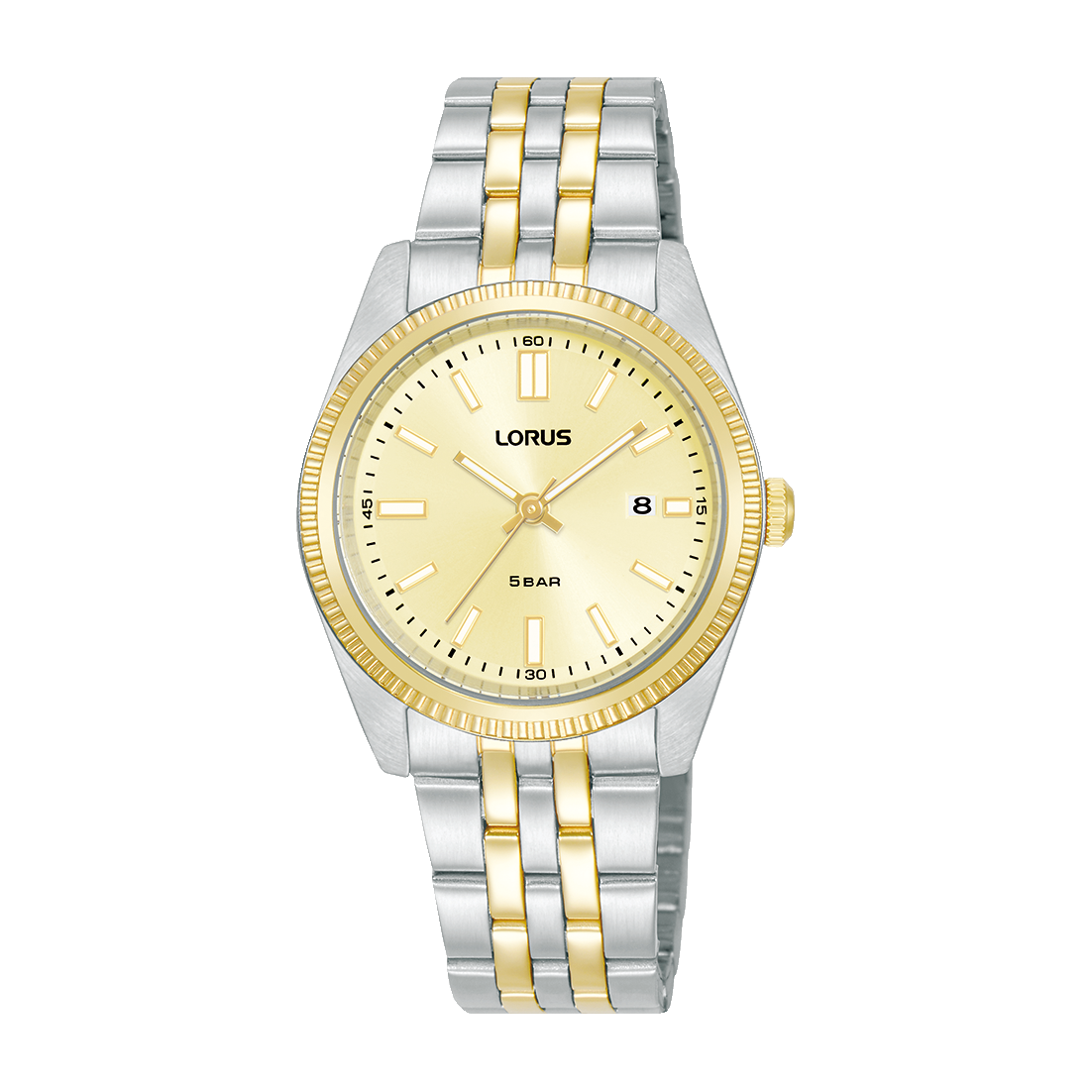 Lorus Damenarmbanduhr mit zweifarbigem Edelstahlband und beigem Zifferblatt, rund