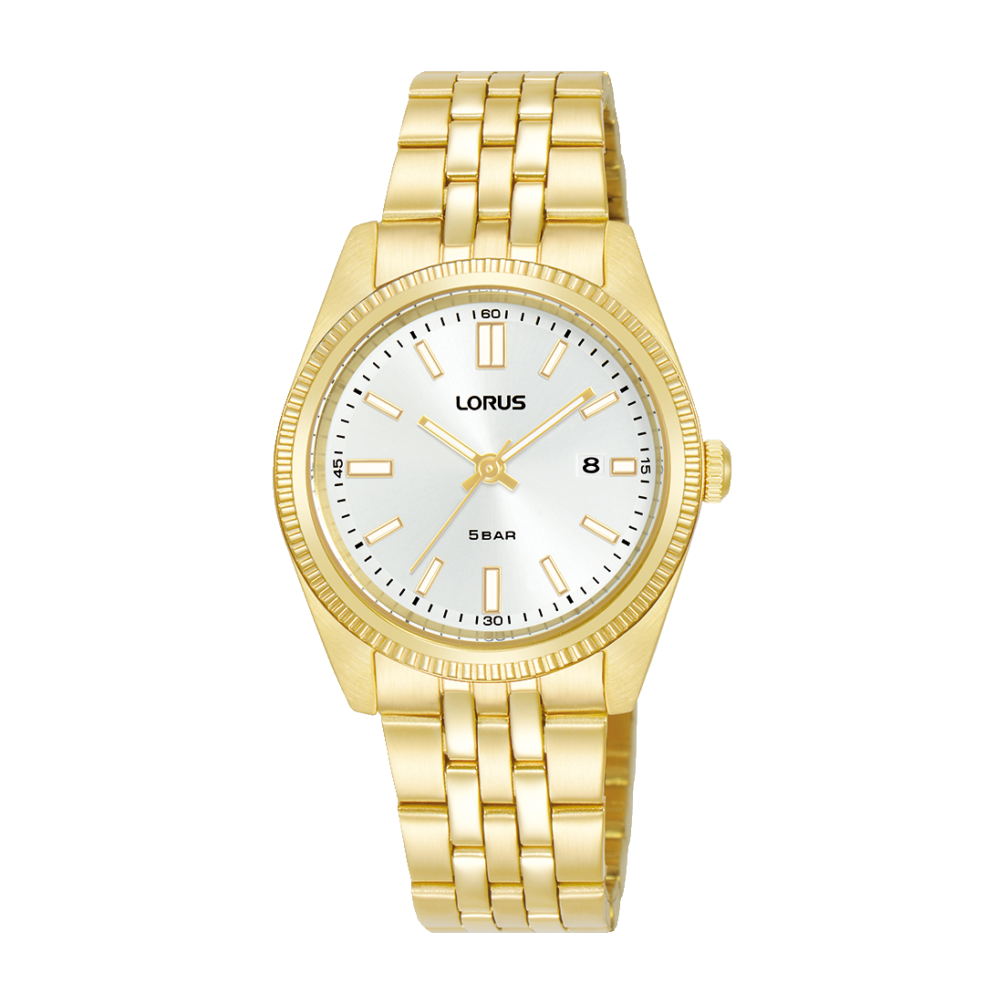 Lorus Damenarmbanduhr mit goldenem Edelstahlarmband und weißem Zifferblatt, Mineralglas