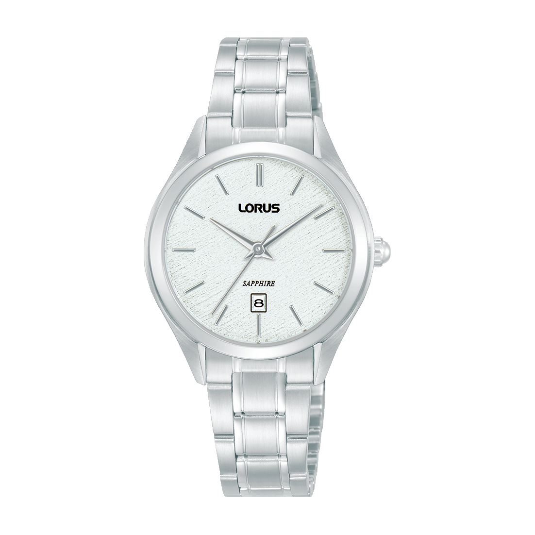 Lorus Damenarmbanduhr mit Saphirglas, Edelstahlgehäuse und -armband, silbernes Zifferblatt