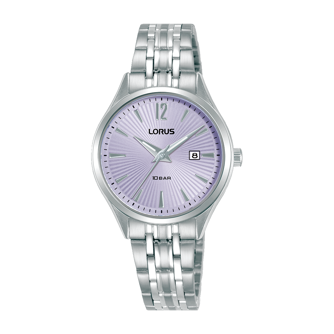 Damen-Armbanduhr mit Edelstahlarmband, lila Zifferblatt, Mineralglas und Datumsfenster