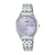 Damen-Armbanduhr mit Edelstahlarmband, lila Zifferblatt, Mineralglas und Datumsfenster