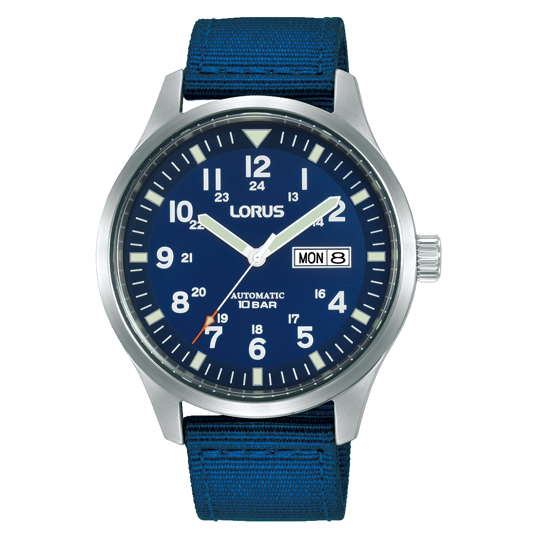 Herren-Automatikuhr mit blauem Zifferblatt und dunkelblauem Nylonarmband, rundes Stahlgehäuse