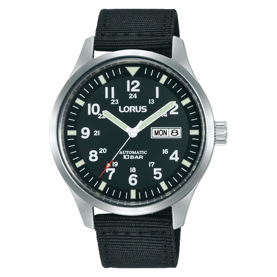 Lorus Herrenarmbanduhr mit schwarzem Zifferblatt, Datumsanzeige und Textilarmband