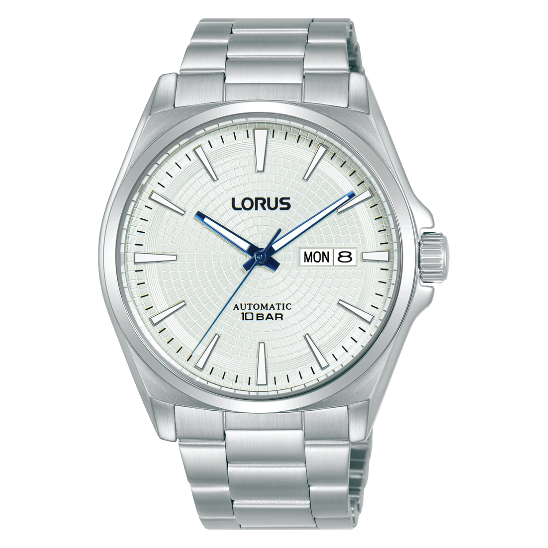 Lorus-Sportsuhr mit silbernem Metallarmband, weißem Zifferblatt, blauen Zeigern und Datum