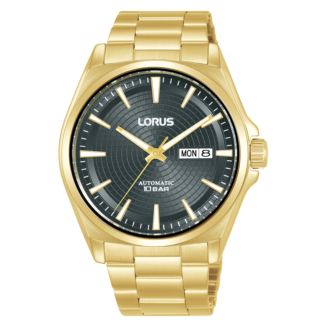 Herrenautomatik-Uhr von Lorus mit goldfarbenem Edelstahlarmband und dunklem Zifferblatt