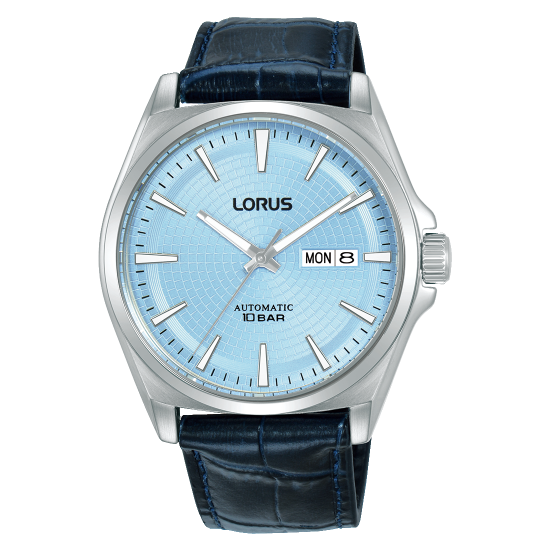Lorus Herrenuhr mit hellblauem Zifferblatt, dunkelblauem Lederband, Automatic 10 Bar