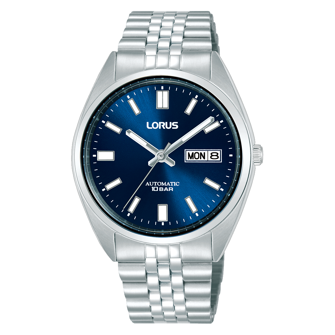 Lorus Herrenuhr mit dunklem blauem Zifferblatt, Edelstahlarmband und Datumsanzeige