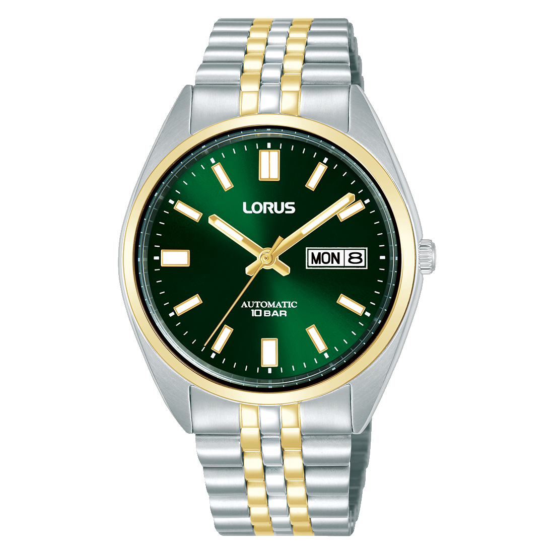 Herrenarmbanduhr mit dunkelgrünem Zifferblatt, goldfarbenen Akzenten, Datum „MON 8“