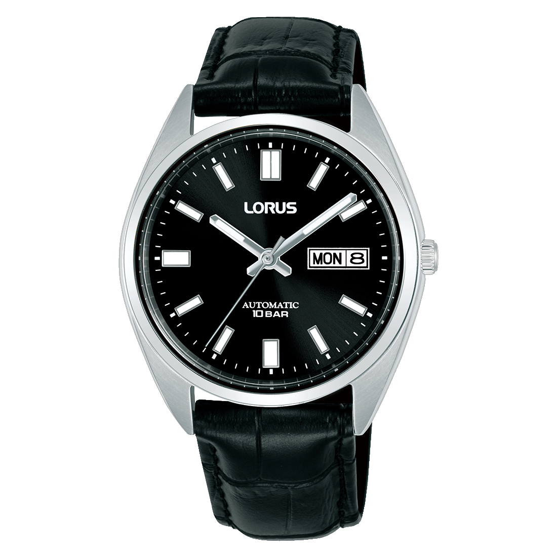 Lorus Herrenuhr mit schwarzem Zifferblatt, Automatik, Datum-/Wochentaganzeige und Lederarmband